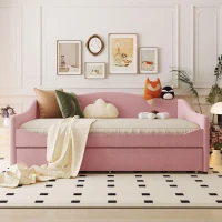 Cozy Full Size Upholstered Daybed with Twin Trundle, Ideal Sofa Bed for Overnight Guests, 79.5" L x 58.5" W x 33" H, Pink(m-4)