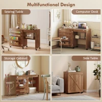 HOMCOM Sewing Machine Table on Wheels, Folding Craft Table with 2 Bins, Storage Shelf, 18 Pegs, Lockable Wheels, Brown(m-6)