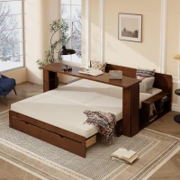 Modern Daybed with Removable Desk and Bottom Drawer, Multi-Functional Sofa Bed for Compact Apartments, 82" L x 71.5" W x 25.5" H, Espresso(m-6)