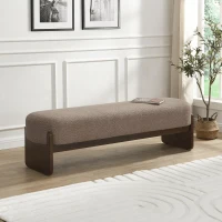 Elegant Bouclé Ottoman Bench with Dark Rubberwood Legs, Soft Rectangular Footrest for Living Room, 64'' L x 18.5'' W x 18.5'' H, Brown(m-1)