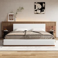 Elegant Upholstered Queen Bed Frame with Solid Wood Base Frame, Antique Fabric Platform Bed for Bedroom, 86.5'' L x 64.5'' W x 33.5'' H, Brown+White(m-5)