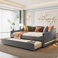 Cozy Full Size Upholstered Daybed with Twin Trundle, Ideal Sofa Bed for Overnight Guests, 79.5" L x 58.5" W x 33" H, Gray(m-1)