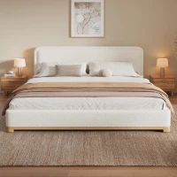 Modern Low-Profile King Bed Frame with Curved Headboard, Soft Bouclé Sleeper Bed for Bedroom, 87'' L x 81.5'' W x 40'' H, White(m-7)