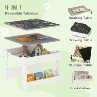 Qaba 3pc Kids Table and Chair Set with Reversible Tabletop Blackboard, Storage & Bookshelves, Gray(m-4)
