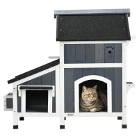 PawHut Outdoor Cat House with Weather-resistant Roof & Garden Bed, Outdoor Cat Shelter Enclosure with Multiple Entrances, Gray(m-1)