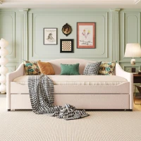 Cozy Full Size Upholstered Daybed with Twin Trundle, Ideal Sofa Bed for Overnight Guests, 79.5" L x 58.5" W x 33" H, Beige(m-4)