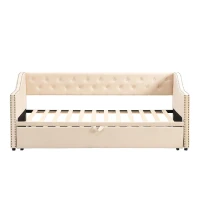 Practical Twin Upholstered Daybed with Pop-Up Trundle, Perfect Sofa Bed for Guest Rooms and Kids Rooms, 82" L x 81.5" W x 33" H, Beige(m-2)