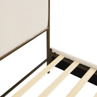 Modern 4-Poster Canopy Bed Frame with Upholstered Headboard, Steel Metal Sleeper Bed for Bedroom, 83.5'' L x 63'' W x 78.5'' H, Beige+Bronze(m-8)