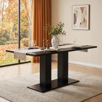 Modern Marble Effect Dining Table with Dual-Pedestal Base, Rectangular Kitchen Table for Kitchen, 71'' L x 27.5'' W x 29.5'' H, Black(m-5)