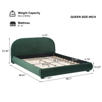 Luxury Upholstered Queen Bed Frame with Curved Headboard, Soft Velvet Sleeper Bed for Bedroom, 87'' L x 68.5'' W x 33.5'' H, Dark Green(m-3)