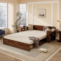 Modern Daybed with Removable Desk and Bottom Drawer, Multi-Functional Sofa Bed for Compact Apartments, 82" L x 71.5" W x 25.5" H, Espresso(m-1)