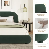 Modern Upholstered King Bed Frame with Curved Headboard, Soft Bouclé Sleeper Bed for Bedroom, 87'' L x 84.5'' W x 33.5'' H, Dark Green(m-4)