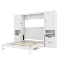 Functional Queen Murphy Bed with Side-Flip Space-Saving Design, Modern Wall Bed for Compact Bedrooms, 113.5" L x 16.5" W x 87" H, White(m-10)