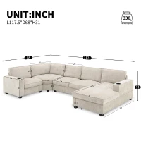 Plush Chenille U-Shaped Sectional Sofa with Cup Holders, Large Deep Seat Couch for Apartment, 117.5'' L x 68'' W x 31'' H, Beige(m-3)