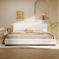 Elegant Upholstered Queen Bed Frame with Wooden Slats, Soft Teddy Fleece Platform Bed for Bedroom, 86.5'' L x 64.5'' W x 33.5'' H, Brown+White(m-4)