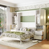 Functional Queen Murphy Bed with Side-Flip Space-Saving Design, Modern Wall Bed for Compact Bedrooms, 113.5" L x 16.5" W x 87" H, White(m-1)