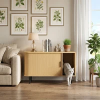 PawHut Cat Litter Box Enclosure with Sliding Door, Litter Mat, Modern Cat House, TV Stand, Side End Table for Living Room(m-8)