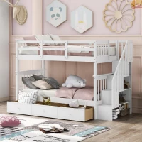 Practical Twin-Over-Twin Bunk Bed with Staircase Storage, Ideal Convertible Bunk Bed for Dorms, Children Bedrooms, 94" L x 42.5" W x 62" H, White(m-1)