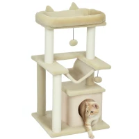 PawHut 39.25'' Cat Tree Tower Multi-Level Kitten House with Scratching Post Condo Hammock Bed Ball Toy - Beige(m-9)