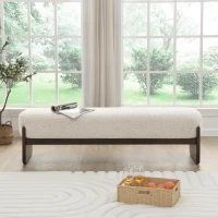 Elegant Bouclé Ottoman Bench with Dark Rubberwood Legs, Soft Rectangular Footrest for Living Room, 64'' L x 18.5'' W x 18.5'' H, Beige+Brown(m-4)