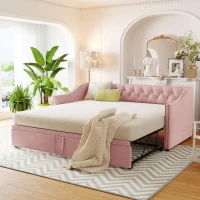 Practical Twin Upholstered Daybed with Pop-Up Trundle, Perfect Sofa Bed for Guest Rooms and Kids Rooms, 82" L x 81.5" W x 33" H, Pink(m-4)