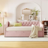 Practical Twin Upholstered Daybed with Pop-Up Trundle, Perfect Sofa Bed for Guest Rooms and Kids Rooms, 82" L x 81.5" W x 33" H, Pink(m-5)
