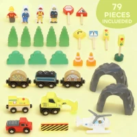 Qaba 79Pcs Wooden Train Set Mine Themed with Crane, Helicopter, Track & Accessories, for Boys & Girls 3+ Years Old(m-5)