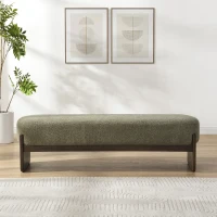 Elegant Bouclé Ottoman Bench with Dark Rubberwood Legs, Soft Rectangular Footrest for Living Room, 64'' L x 18.5'' W x 18.5'' H, Brown+Dark Green(m-4)