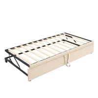 Practical Twin Upholstered Daybed with Pop-Up Trundle, Perfect Sofa Bed for Guest Rooms and Kids Rooms, 82" L x 81.5" W x 33" H, Beige(m-8)