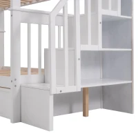 Practical Twin-Over-Twin Bunk Bed with Staircase Storage, Ideal Convertible Bunk Bed for Dorms, Children Bedrooms, 94" L x 42.5" W x 62" H, White(m-8)