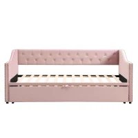 Practical Twin Upholstered Daybed with Pop-Up Trundle, Perfect Sofa Bed for Guest Rooms and Kids Rooms, 82" L x 81.5" W x 33" H, Pink(m-2)