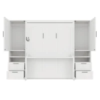 Functional Queen Murphy Bed with Side-Flip Space-Saving Design, Modern Wall Bed for Compact Bedrooms, 113.5" L x 16.5" W x 87" H, White(m-13)