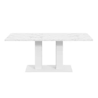 Modern Marble Effect Dining Table with Dual-Pedestal Base, Rectangular Kitchen Table for Kitchen, 71'' L x 27.5'' W x 29.5'' H, White Marble(m-2)