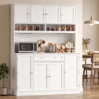 HOMCOM 73" Pantry Cabinet with Charging Station, 55" Wide Kitchen Pantry with Microwave Stand, White(m-10)