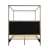 Modern 4-Poster Canopy Bed Frame with Upholstered Headboard, Steel Metal Sleeper Bed for Bedroom, 83.5'' L x 63'' W x 78.5'' H, Beige+Bronze(m-12)