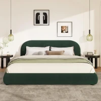 Modern Upholstered King Bed Frame with Curved Headboard, Soft Bouclé Sleeper Bed for Bedroom, 87'' L x 84.5'' W x 33.5'' H, Dark Green(m-6)