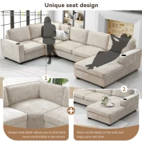 Plush Chenille U-Shaped Sectional Sofa with Cup Holders, Large Deep Seat Couch for Apartment, 117.5'' L x 68'' W x 31'' H, Beige(m-4)