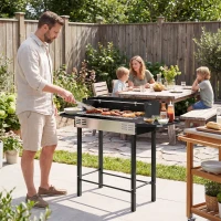 Outsunny BBQ Rotisserie Grill Charcoal, Split Roaster for Chicken Turkey, 3-Level Grill Grate, Storage Shelves, Stainless Steel(m-8)