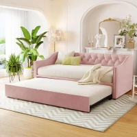 Practical Twin Upholstered Daybed with Pop-Up Trundle, Perfect Sofa Bed for Guest Rooms and Kids Rooms, 82" L x 81.5" W x 33" H, Pink(m-1)