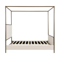 Modern 4-Poster Canopy Bed Frame with Upholstered Headboard, Steel Metal Sleeper Bed for Bedroom, 83.5'' L x 63'' W x 78.5'' H, Beige+Bronze(m-2)