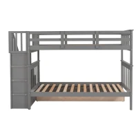 Practical Twin-Over-Twin Bunk Bed with Staircase Storage, Ideal Convertible Bunk Bed for Dorms, Children Bedrooms, 94" L x 42.5" W x 62" H, Gray(m-12)