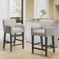 Contemporary Upholstered Counter Stools Set of 2 with Armrests, Soft Rubberwood Bar Stools for Kitchen Island, 24'' L x 23'' W x 39.5'' H, Light Grey(m-1)
