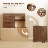 HOMCOM Sewing Machine Table on Wheels, Folding Craft Table with 2 Bins, Storage Shelf, 18 Pegs, Lockable Wheels, Brown(m-5)