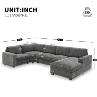 Plush Chenille U-Shaped Sectional Sofa with Cup Holders, Large Deep Seat Couch for Apartment, 117.5'' L x 68'' W x 31'' H, Gray(m-3)