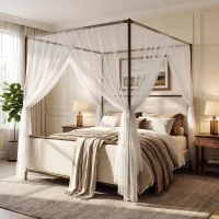 Modern 4-Poster Canopy Bed Frame with Upholstered Headboard, Steel Metal Sleeper Bed for Bedroom, 83.5'' L x 63'' W x 78.5'' H, Beige+Bronze(m-1)