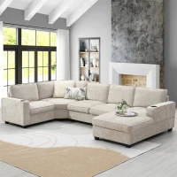 Plush Chenille U-Shaped Sectional Sofa with Cup Holders, Large Deep Seat Couch for Apartment, 117.5'' L x 68'' W x 31'' H, Beige(m-1)