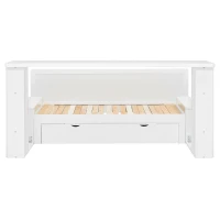 Modern Daybed with Removable Desk and Bottom Drawer, Multi-Functional Sofa Bed for Compact Apartments, 76.5" L x 65.5" W x 25.5" H, White(m-2)