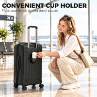 HOMCOM 24-Inch Checked Luggage, Hardside Suitcase with Cup Holder, Corner Protection, Double Spinner Wheels, TSA Lock, Black(m-5)