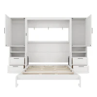Functional Queen Murphy Bed with Side-Flip Space-Saving Design, Modern Wall Bed for Compact Bedrooms, 113.5" L x 16.5" W x 87" H, White(m-9)