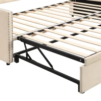 Practical Twin Upholstered Daybed with Pop-Up Trundle, Perfect Sofa Bed for Guest Rooms and Kids Rooms, 82" L x 81.5" W x 33" H, Beige(m-6)